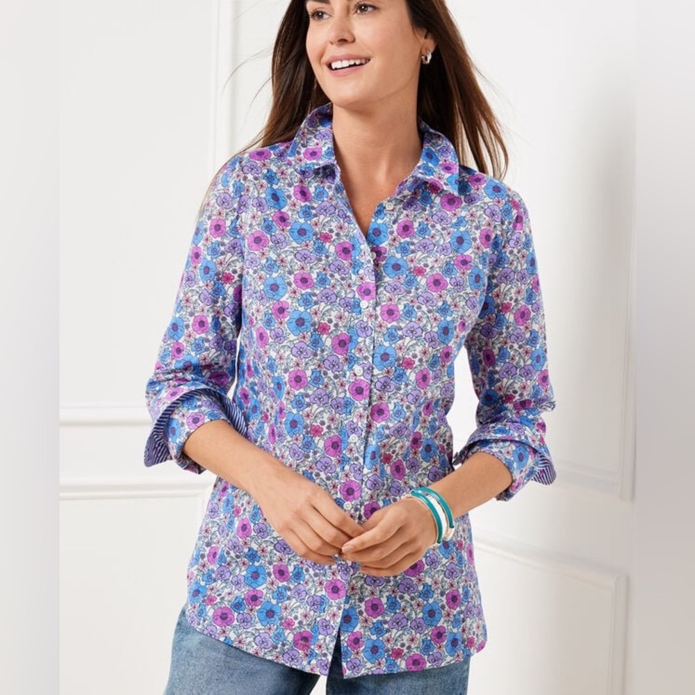 Talbots Poppy Ditsy Floral Button-Down Shirt Lightweight 100% Cotton Size XL